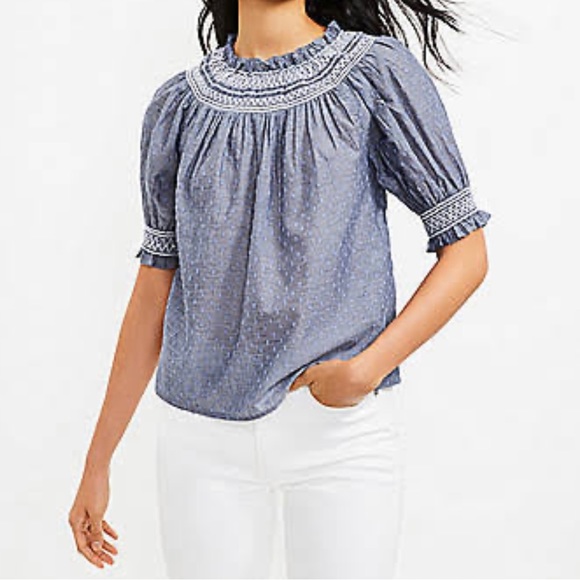 LOFT Tops - NWT Women's LOFT "Navy Multi" Clip Dot Smocked Short Sleeved Top Size Small